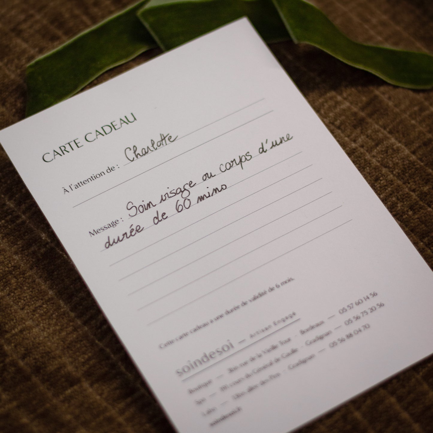 Carte cadeau soins à imprimer