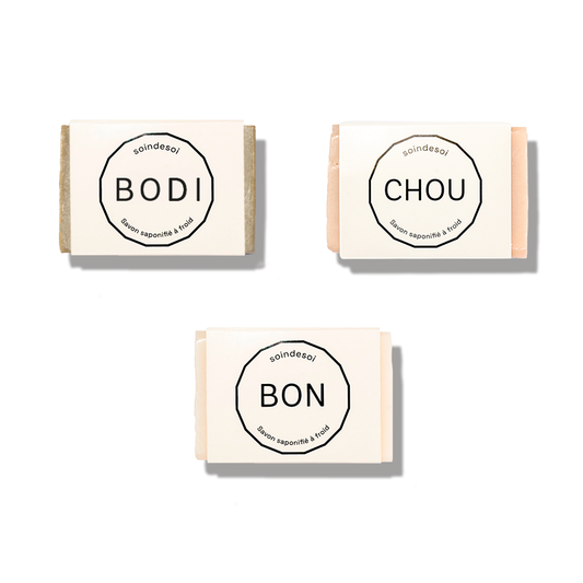 Pack découverte de trois savons solides saponifiés à froid 100% naturels fabriqués artisanalement à Bordeaux.